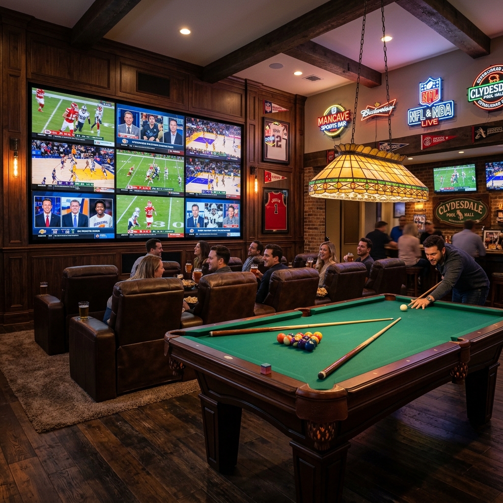 Man Cave Sports Viewing Room with Pool Table