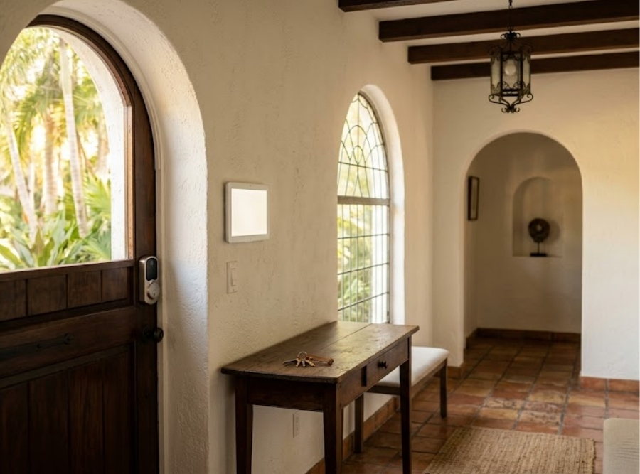 Mediterranean Revival entryway in South Tampa featuring white stucco arches, terracotta tiles, dark wood front door with a smart lock, and keys on a console table.