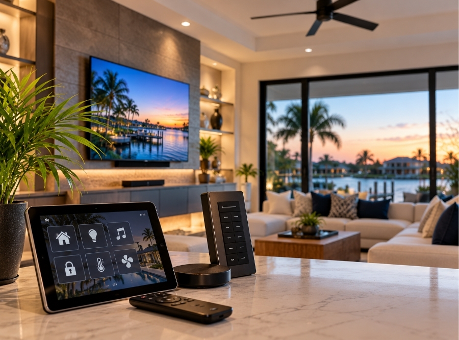 Smart home automation system with touchscreen controls in a modern Tampa Bay home