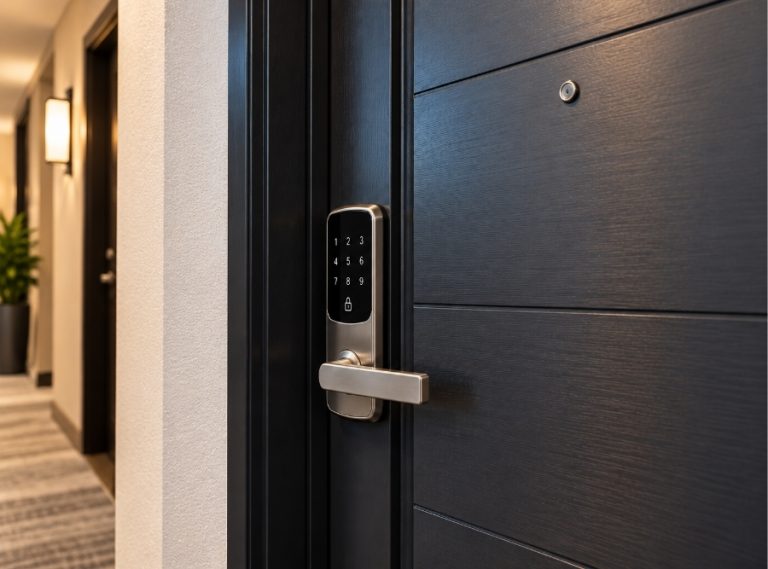 Smart lock on a modern Tampa condo door.