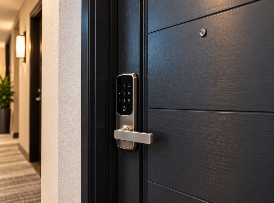 Smart lock on a modern Tampa condo door.