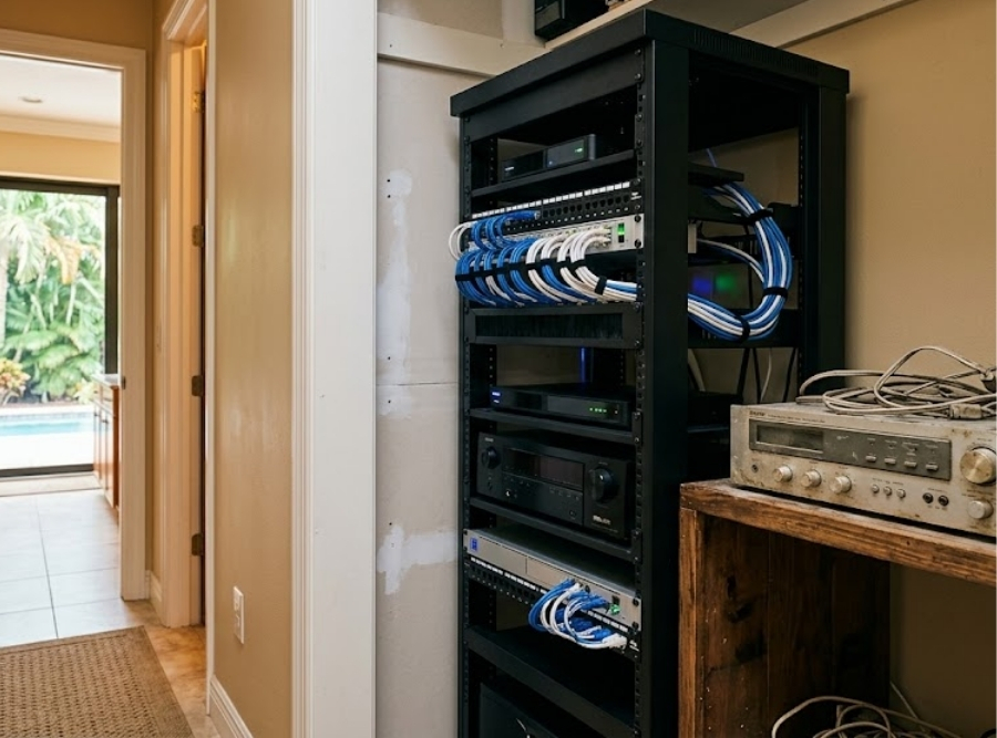 Modern organized AV tech rack beside an old controller unit in a Florida home closet, looking toward a palm-shaded lanai.