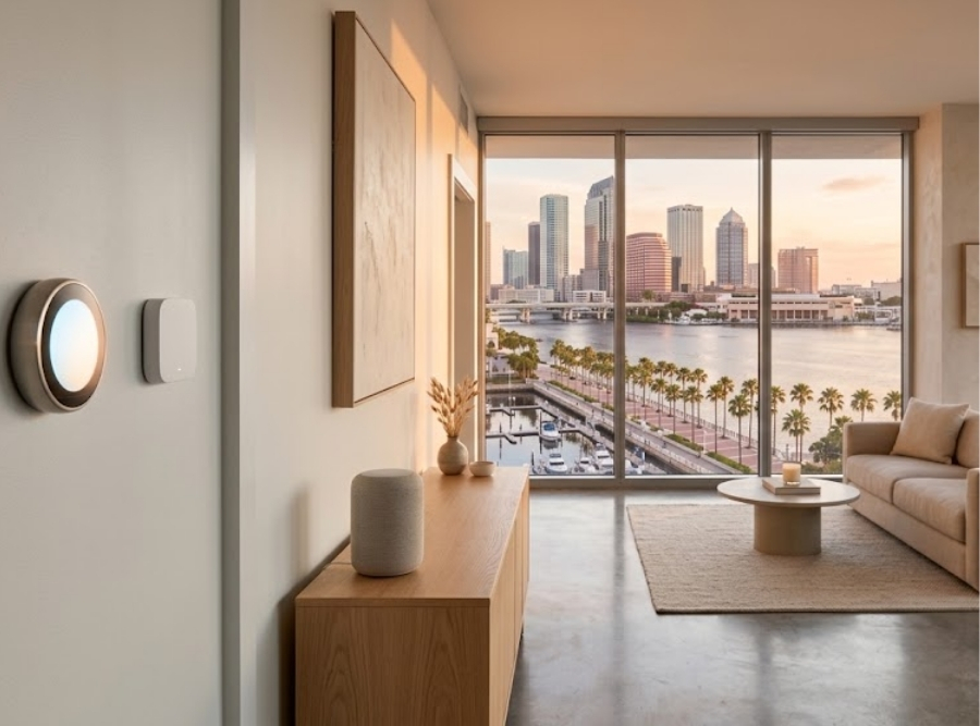 Modern Tampa condo interior at golden hour with smart home devices, floor-to-ceiling windows, and waterfront bay views.