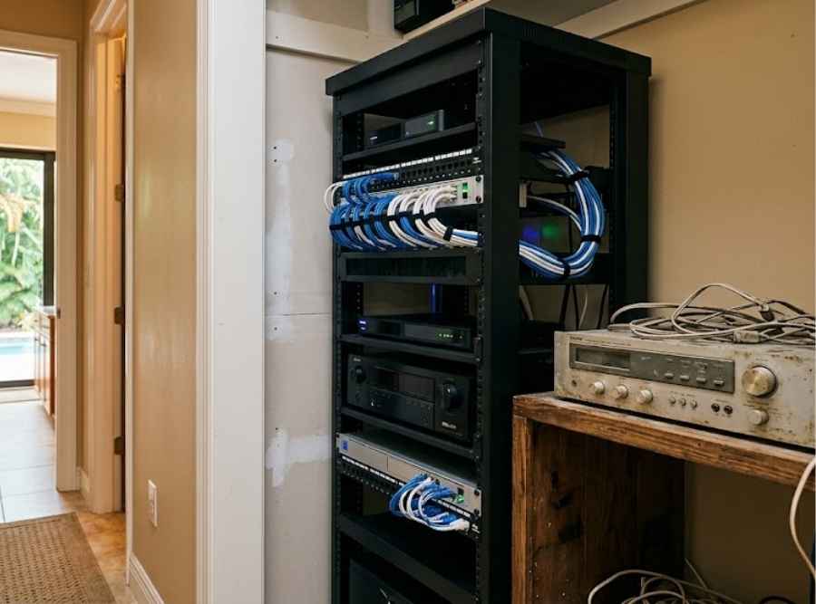 Modern organized AV tech rack beside an old controller unit in a Florida home closet, looking toward a palm-shaded lanai.