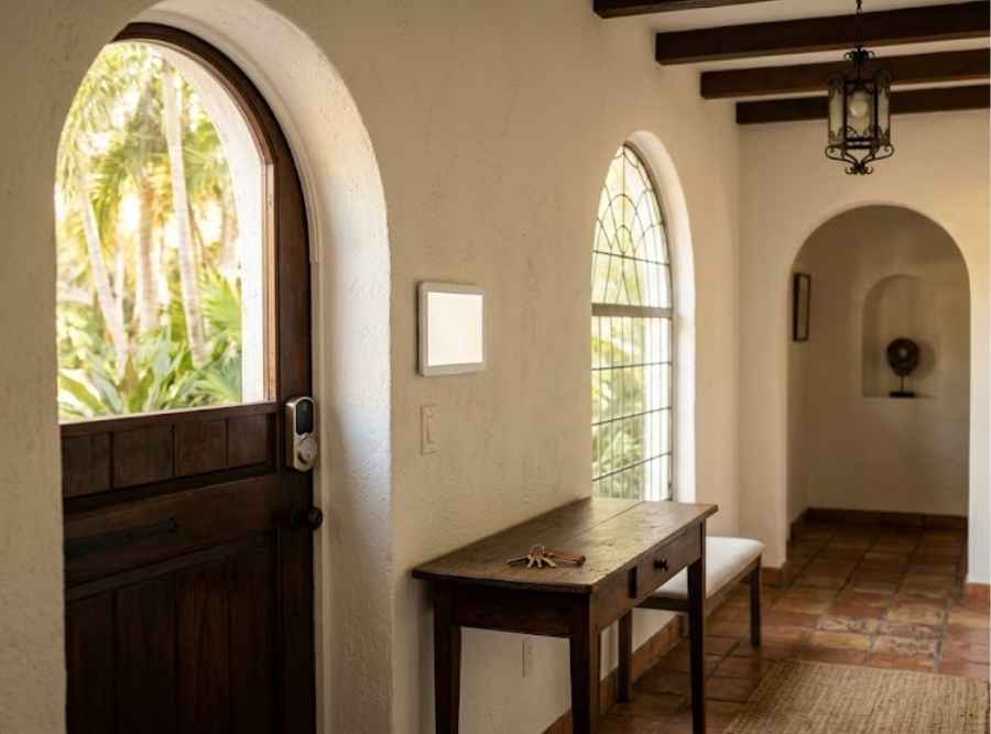 Mediterranean Revival entryway in South Tampa featuring white stucco arches, terracotta tiles, dark wood front door with a smart lock, and keys on a console table.