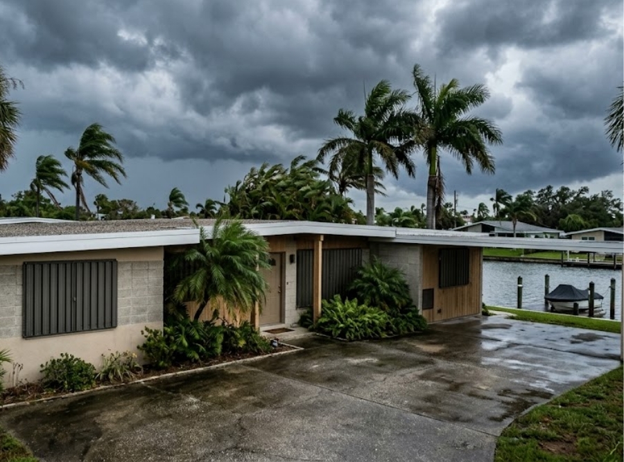 Mid-century Florida home along a canal with closed storm shutters under dark tropical storm clouds.