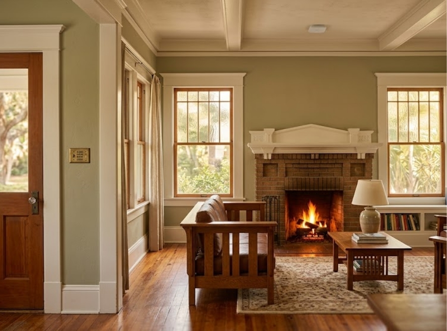 Restored 1920s Craftsman bungalow living room in Historic Kenwood, St. Petersburg, Florida