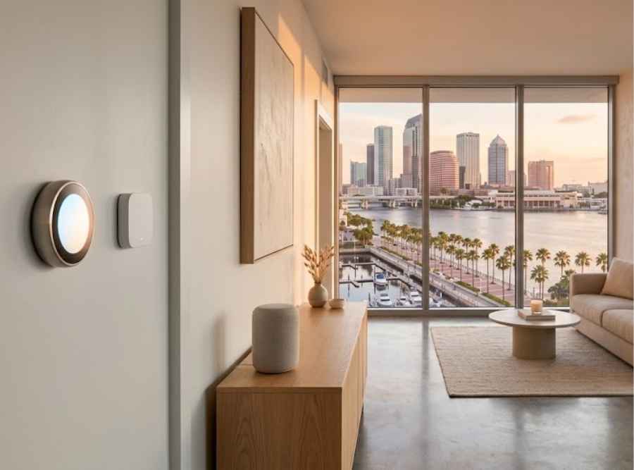 Modern Tampa condo interior at golden hour with smart home devices, floor-to-ceiling windows, and waterfront bay views.