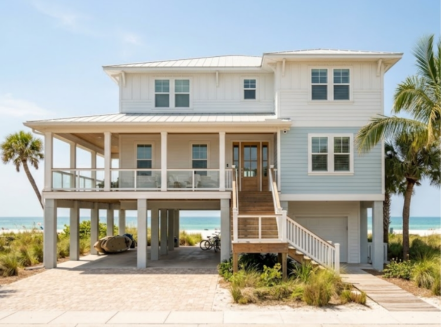 Elevated coastal vacation home on Clearwater Beach, Florida, with balcony and palm trees