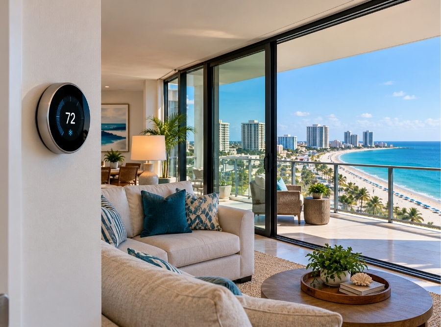 Smart home technology in a modern Clearwater Beach condo overlooking the Florida coast.