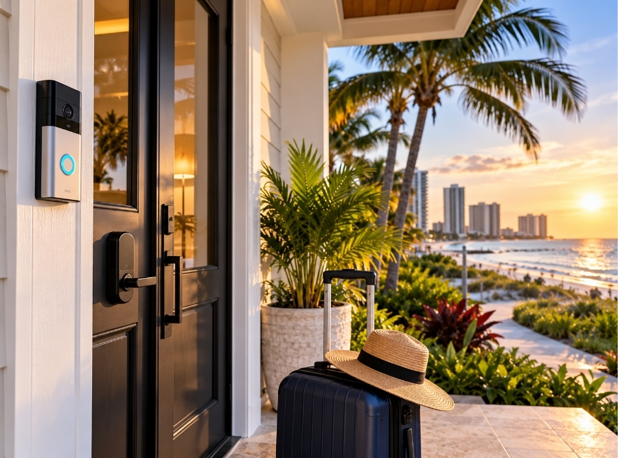 Smart home entry at a Clearwater, Florida vacation home prepared for a secure ownership transfer.