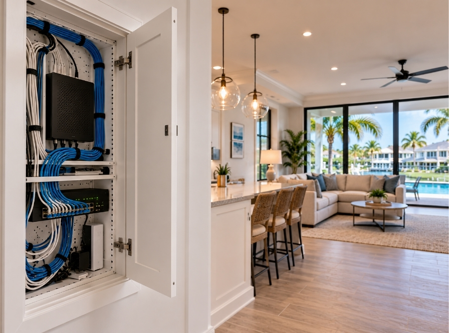 Smart home wiring and network panel in a new construction Sarasota, Florida home.